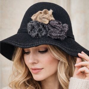 Vintage Inspired Wool Black Hat w Floral Detail. Boho, artsy, dark cottagecore